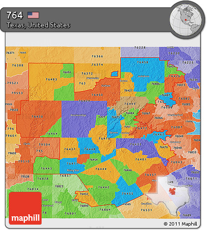 Political 3D Map of ZIP Codes Starting with 764, political shades outside