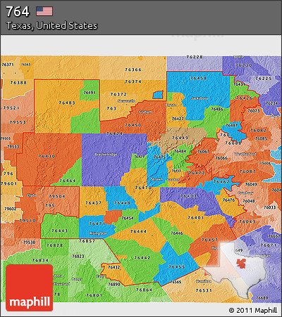 Political 3D Map of ZIP Codes Starting with 764, political shades outside