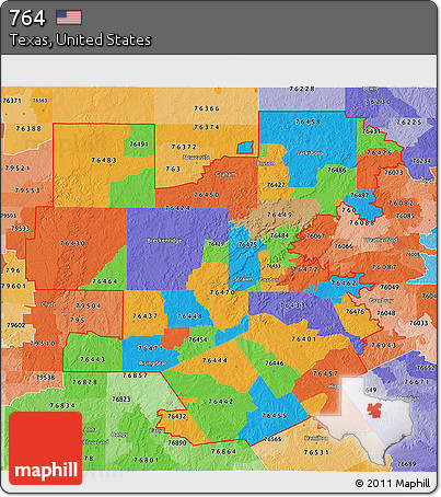 Political 3D Map of ZIP Codes Starting with 764, political shades outside