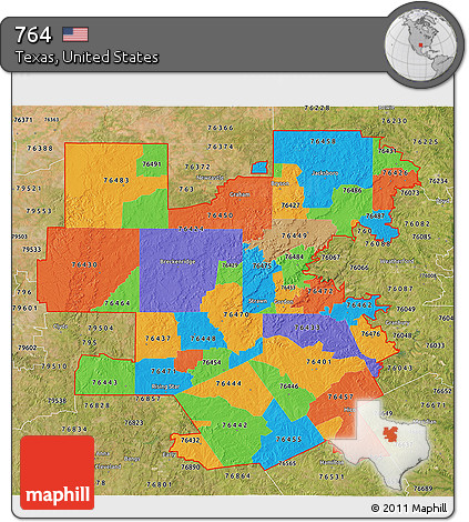 Political 3D Map of ZIP Codes Starting with 764, satellite outside