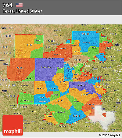 Political 3D Map of ZIP Codes Starting with 764, satellite outside