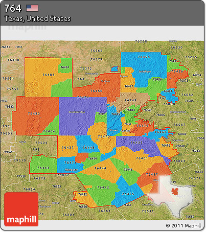 Political 3D Map of ZIP Codes Starting with 764, satellite outside