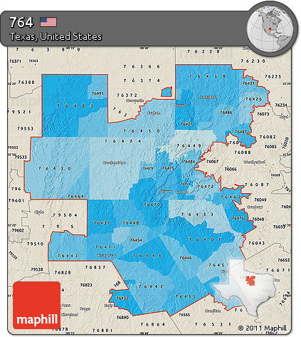 Political Shades Map of ZIP Codes Starting with 764, shaded relief outside