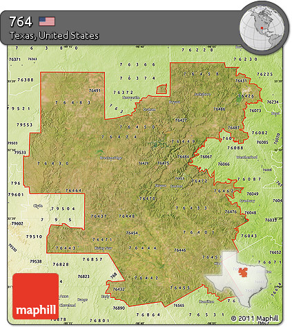 Satellite Map of ZIP Codes Starting with 764, physical outside