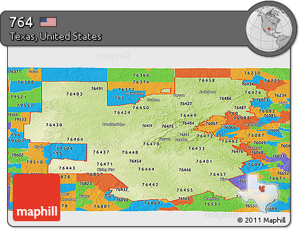 Physical Panoramic Map of ZIP Codes Starting with 764, political outside