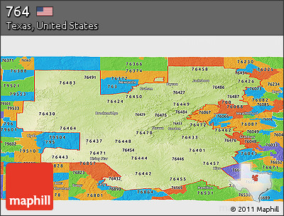 Physical Panoramic Map of ZIP Codes Starting with 764, political outside