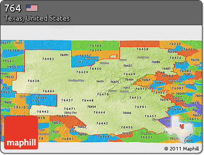Physical Panoramic Map of ZIP Codes Starting with 764, political outside