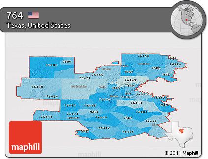 Political Shades Panoramic Map of ZIP Codes Starting with 764, cropped outside