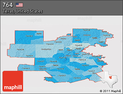 Political Shades Panoramic Map of ZIP Codes Starting with 764, cropped outside