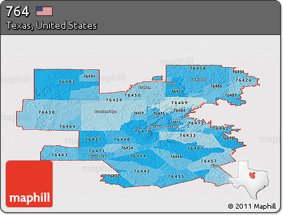 Political Shades Panoramic Map of ZIP Codes Starting with 764, cropped outside