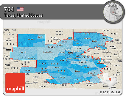 Political Shades Panoramic Map of ZIP Codes Starting with 764, shaded relief outside
