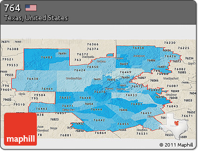 Political Shades Panoramic Map of ZIP Codes Starting with 764, shaded relief outside