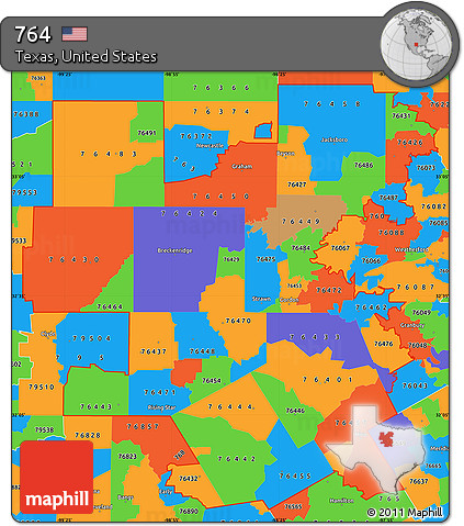 Political Simple Map of ZIP Codes Starting with 764