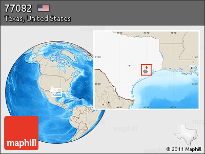 Shaded Relief Location Map of ZIP Code 77082, highlighted county, highlighted state