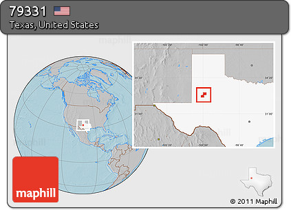 Gray Location Map of ZIP Code 79331, highlighted state, hill shading