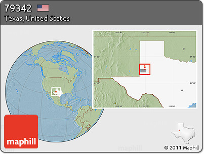 Savanna Style Location Map of ZIP Code 79342, highlighted county, highlighted state, hill shading