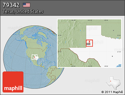 Savanna Style Location Map of ZIP Code 79342, highlighted county, highlighted state, hill shading
