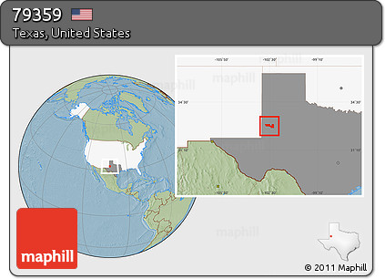Savanna Style Location Map of ZIP Code 79359, highlighted country, highlighted state, hill shading