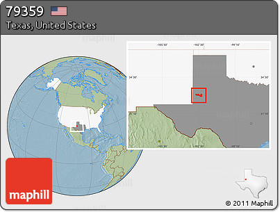 Savanna Style Location Map of ZIP Code 79359, highlighted country, highlighted state, hill shading