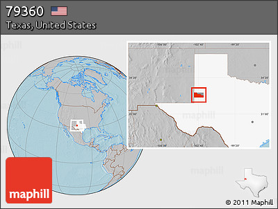 Gray Location Map of ZIP Code 79360, highlighted county, highlighted state, hill shading
