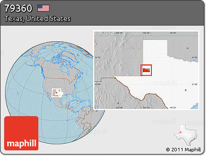 Gray Location Map of ZIP Code 79360, highlighted county, highlighted state, hill shading