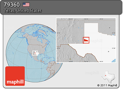Gray Location Map of ZIP Code 79360, highlighted state, hill shading