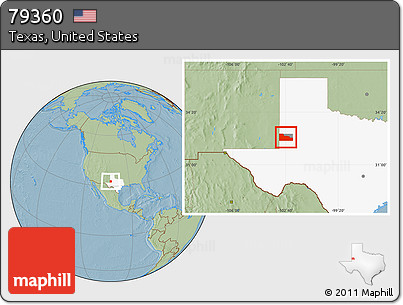 Savanna Style Location Map of ZIP Code 79360, highlighted county, highlighted state, hill shading