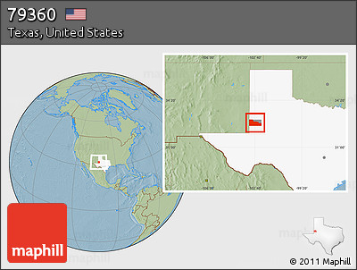 Savanna Style Location Map of ZIP Code 79360, highlighted county, highlighted state, hill shading