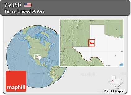 Savanna Style Location Map of ZIP Code 79360, highlighted state, hill shading