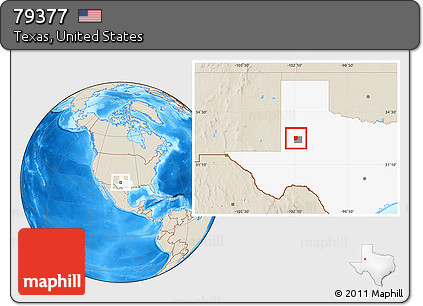 Shaded Relief Location Map of ZIP Code 79377, highlighted county, highlighted state