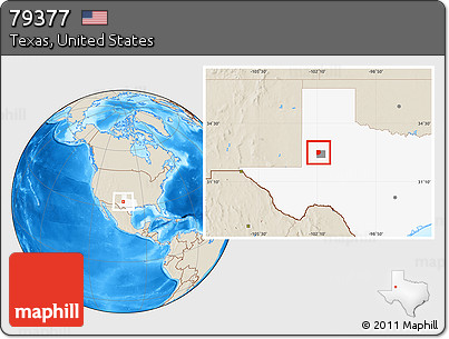 Shaded Relief Location Map of ZIP Code 79377, highlighted county, highlighted state
