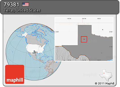 Gray Location Map of ZIP Code 79381, highlighted country, highlighted state, hill shading