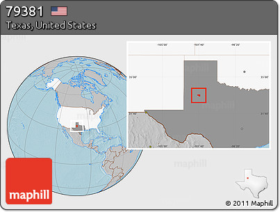 Gray Location Map of ZIP Code 79381, highlighted country, highlighted state, hill shading