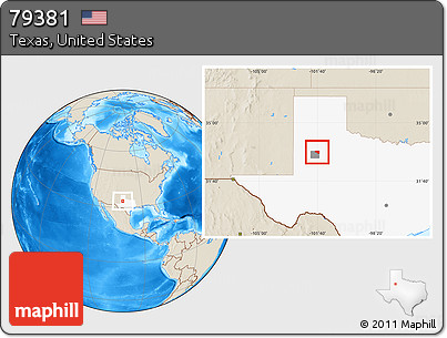 Shaded Relief Location Map of ZIP Code 79381, highlighted county, highlighted state