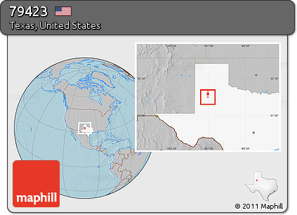 Gray Location Map of ZIP Code 79423, highlighted state, hill shading