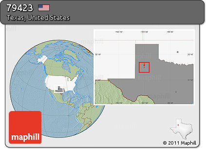 Savanna Style Location Map of ZIP Code 79423, highlighted country, highlighted state, hill shading