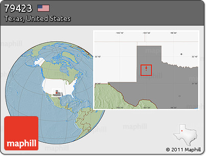 Savanna Style Location Map of ZIP Code 79423, highlighted country, highlighted state, hill shading