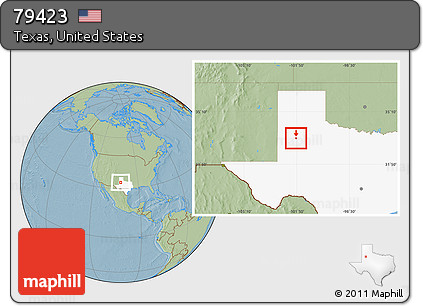 Savanna Style Location Map of ZIP Code 79423, highlighted state, hill shading