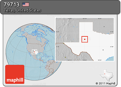 Gray Location Map of ZIP Code 79713, highlighted state, hill shading