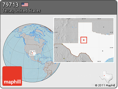 Gray Location Map of ZIP Code 79713, highlighted state, hill shading