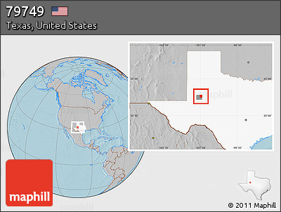Gray Location Map of ZIP Code 79749, highlighted county, highlighted state, hill shading