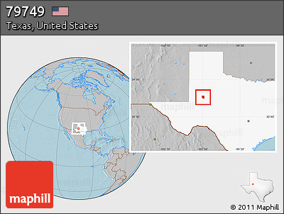 Gray Location Map of ZIP Code 79749, highlighted state, hill shading