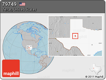 Gray Location Map of ZIP Code 79749, highlighted state, hill shading