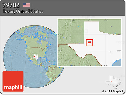 Savanna Style Location Map of ZIP Code 79782, highlighted county, highlighted state, hill shading