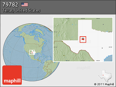 Savanna Style Location Map of ZIP Code 79782, highlighted county, highlighted state, hill shading