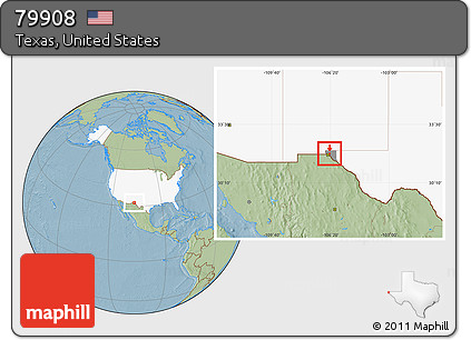 Savanna Style Location Map of ZIP Code 79908, highlighted country, highlighted county, hill shading