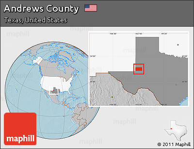 Gray Location Map of Andrews County, highlighted country, highlighted parent region, hill shading