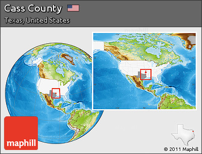 Physical Location Map of Cass County, highlighted country, highlighted parent region, within the entire country