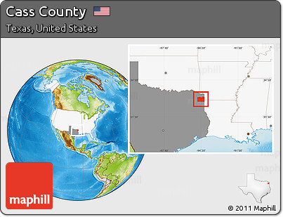 Physical Location Map of Cass County, highlighted country, highlighted parent region