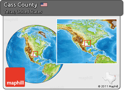 Physical Location Map of Cass County, highlighted parent region, within the entire country